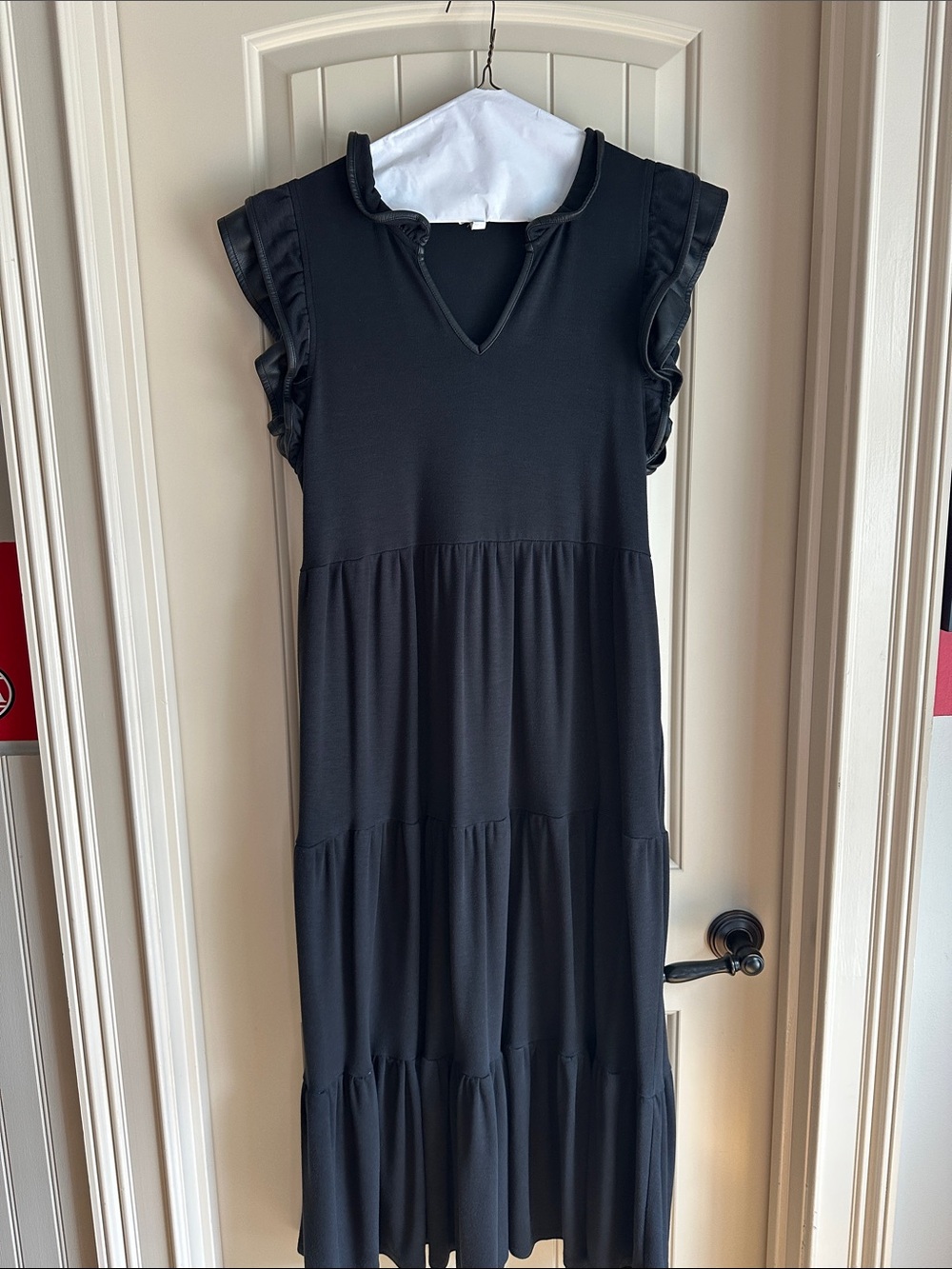 Black Ruffle faux leather detail around Sleeve V‑Neck Tiered Midi Dress